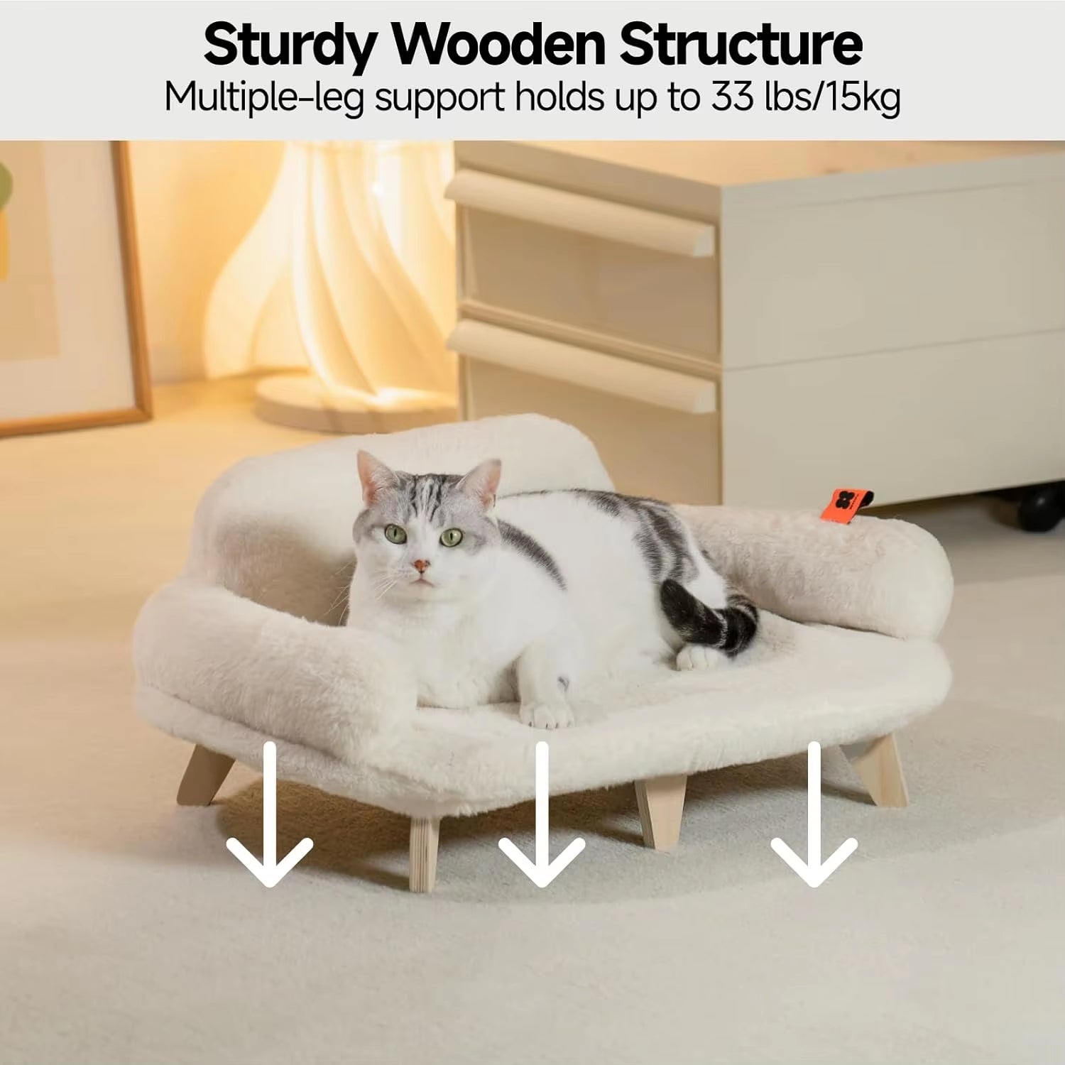 Cat Bed with Removable Washable Cover Elevated Cat Couch for Cats & Small Medium Dogs Wooden Pet Sofa Pet Furniture