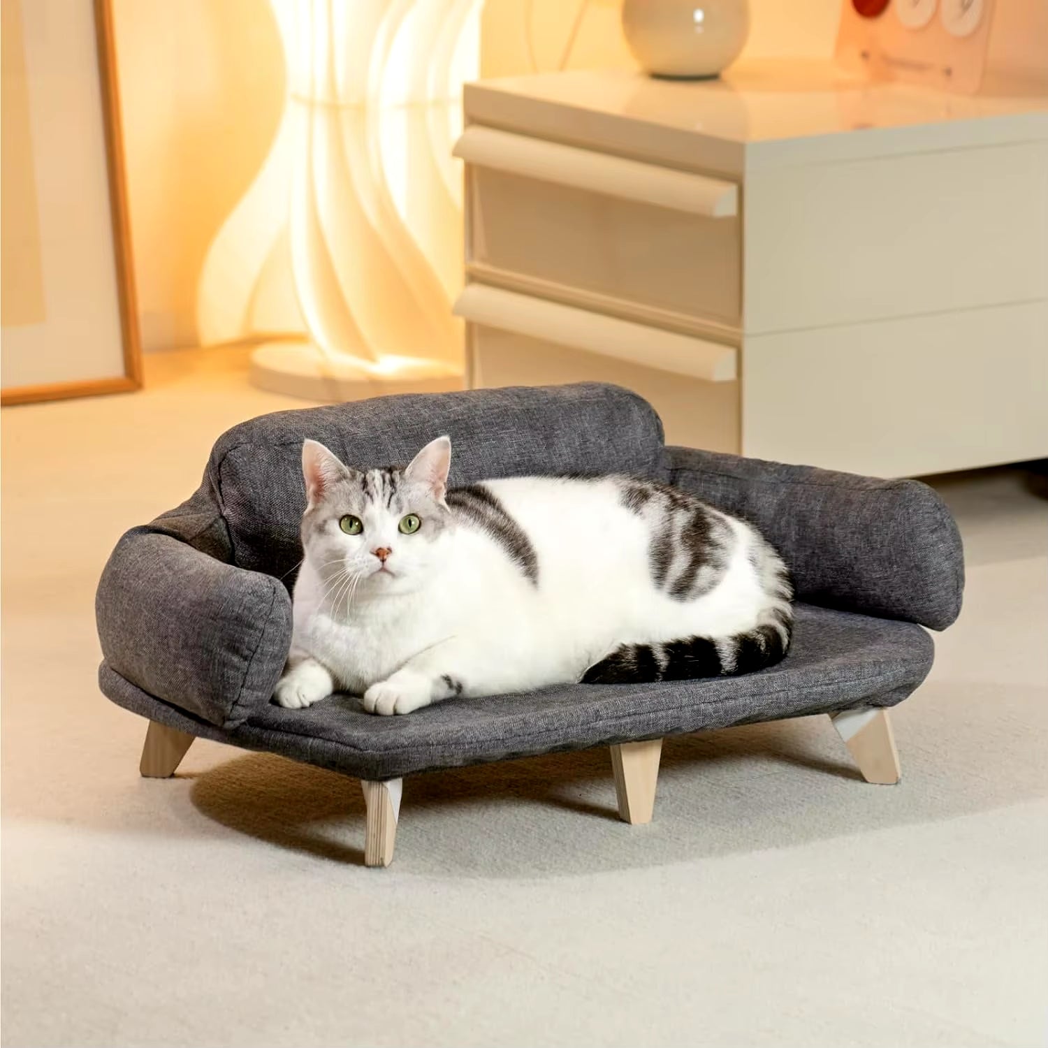 Cat Bed with Removable Washable Cover Elevated Cat Couch for Cats & Small Medium Dogs Wooden Pet Sofa Pet Furniture