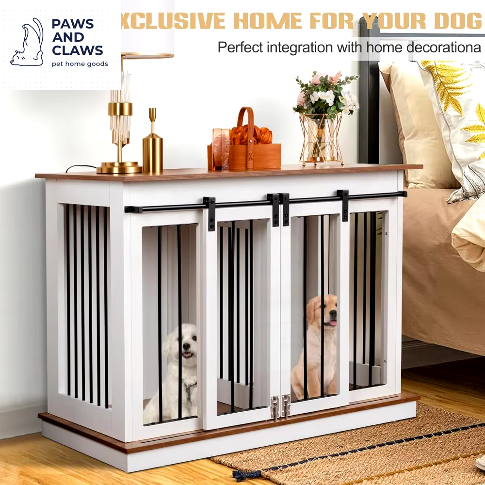 Dog Crate Furniture with Divider Wooden Dog Kennel End Table Large Breed Dog House Indoor for One Large or Two Small Dogs