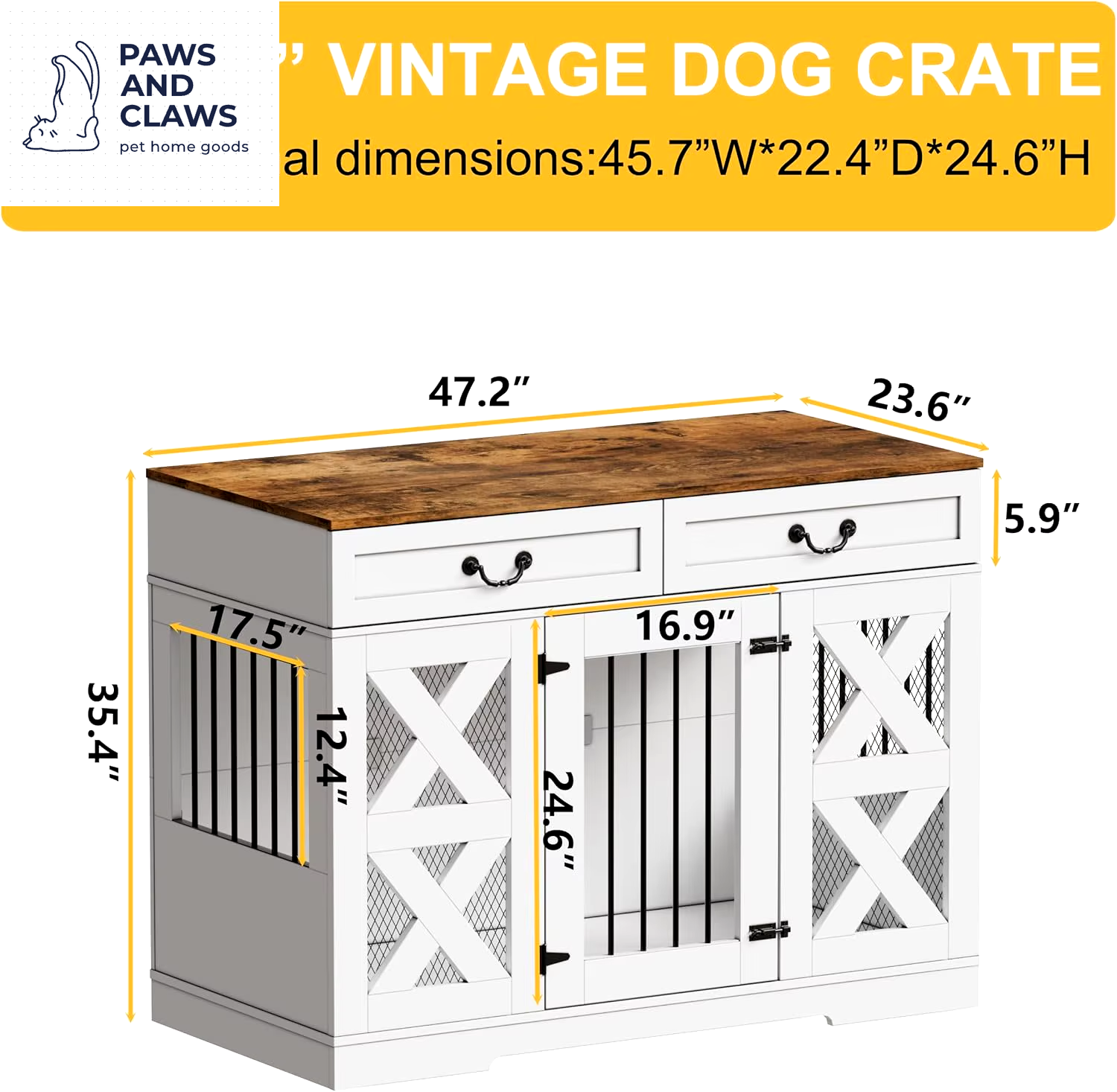 Large Dog Crate Furniture - Dog Kennel with Drawers Storage and Locks, 2-In-1 Crates for Dogs Indoor, Heavy Duty Dog Crate