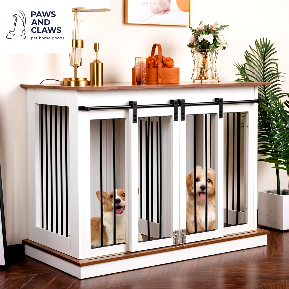 Dog Crate Furniture with Divider Wooden Dog Kennel End Table Large Breed Dog House Indoor for One Large or Two Small Dogs