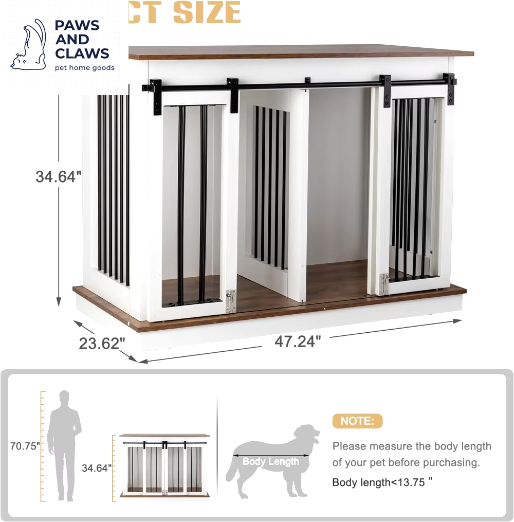 Dog Crate Furniture with Divider Wooden Dog Kennel End Table Large Breed Dog House Indoor for One Large or Two Small Dogs