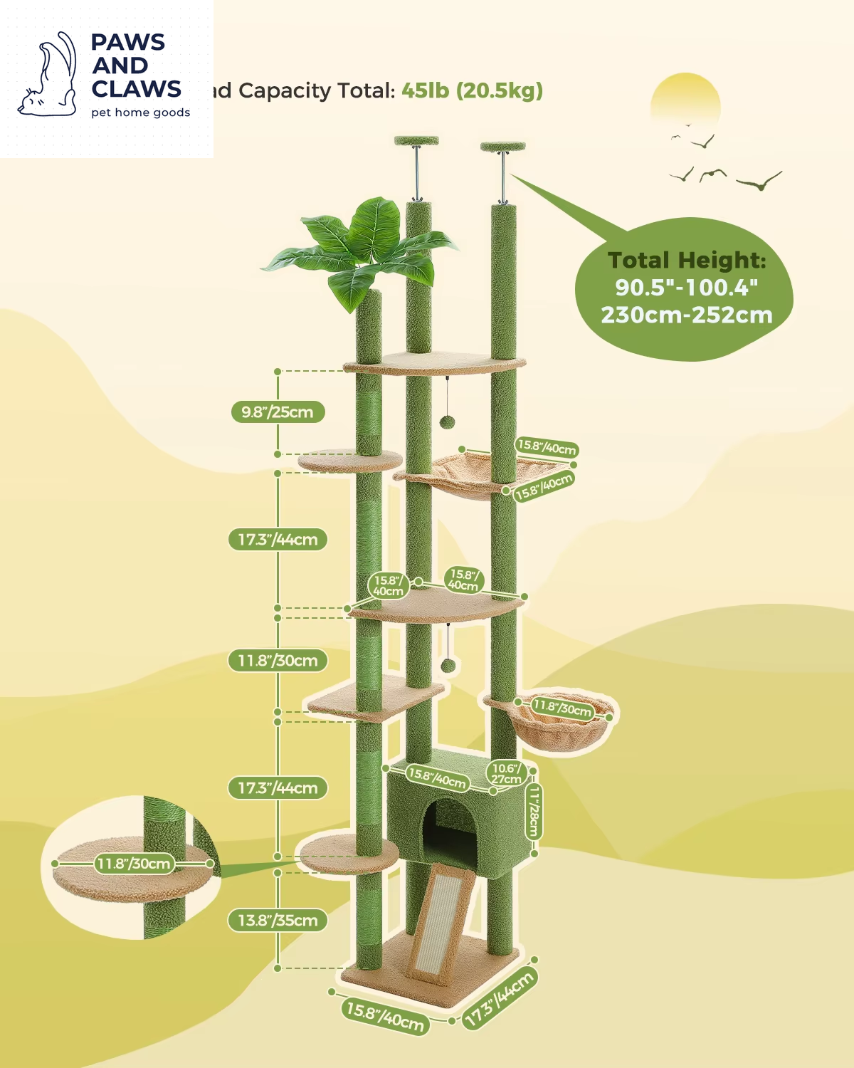 Height 230-252CM Cactus Cat Tree Floor to Ceiling with Green Leaves Tall Tower 7 Tiers Climbing Tree with Cozy Hammocks Condos