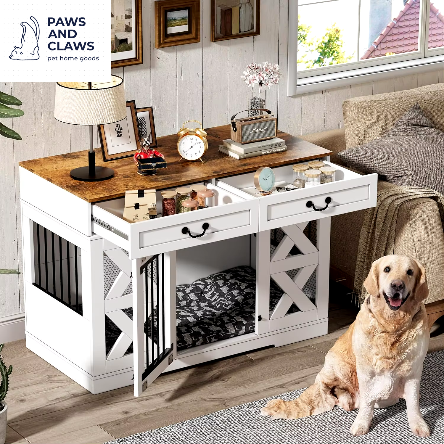 Large Dog Crate Furniture - Dog Kennel with Drawers Storage and Locks, 2-In-1 Crates for Dogs Indoor, Heavy Duty Dog Crate