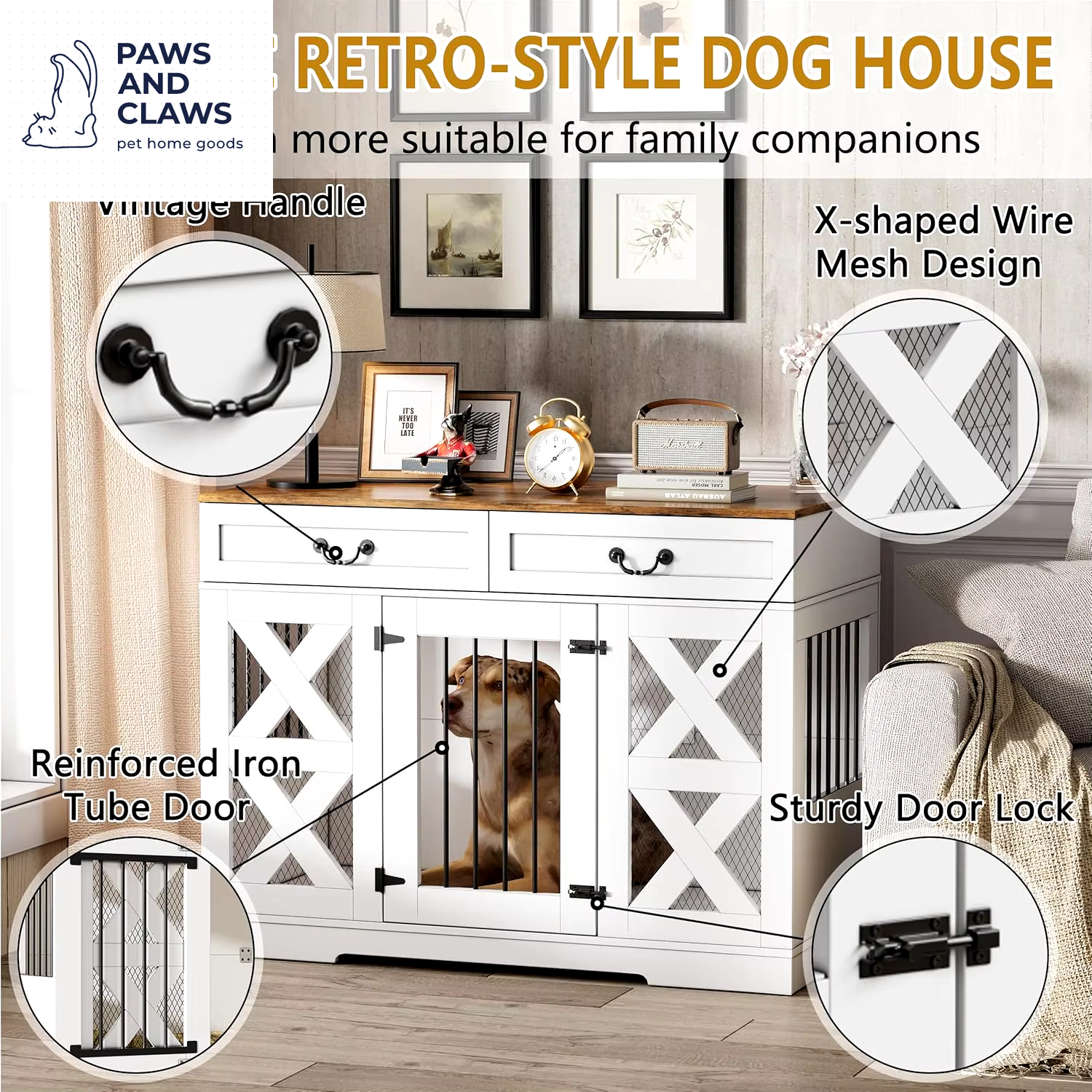 Large Dog Crate Furniture - Dog Kennel with Drawers Storage and Locks, 2-In-1 Crates for Dogs Indoor, Heavy Duty Dog Crate