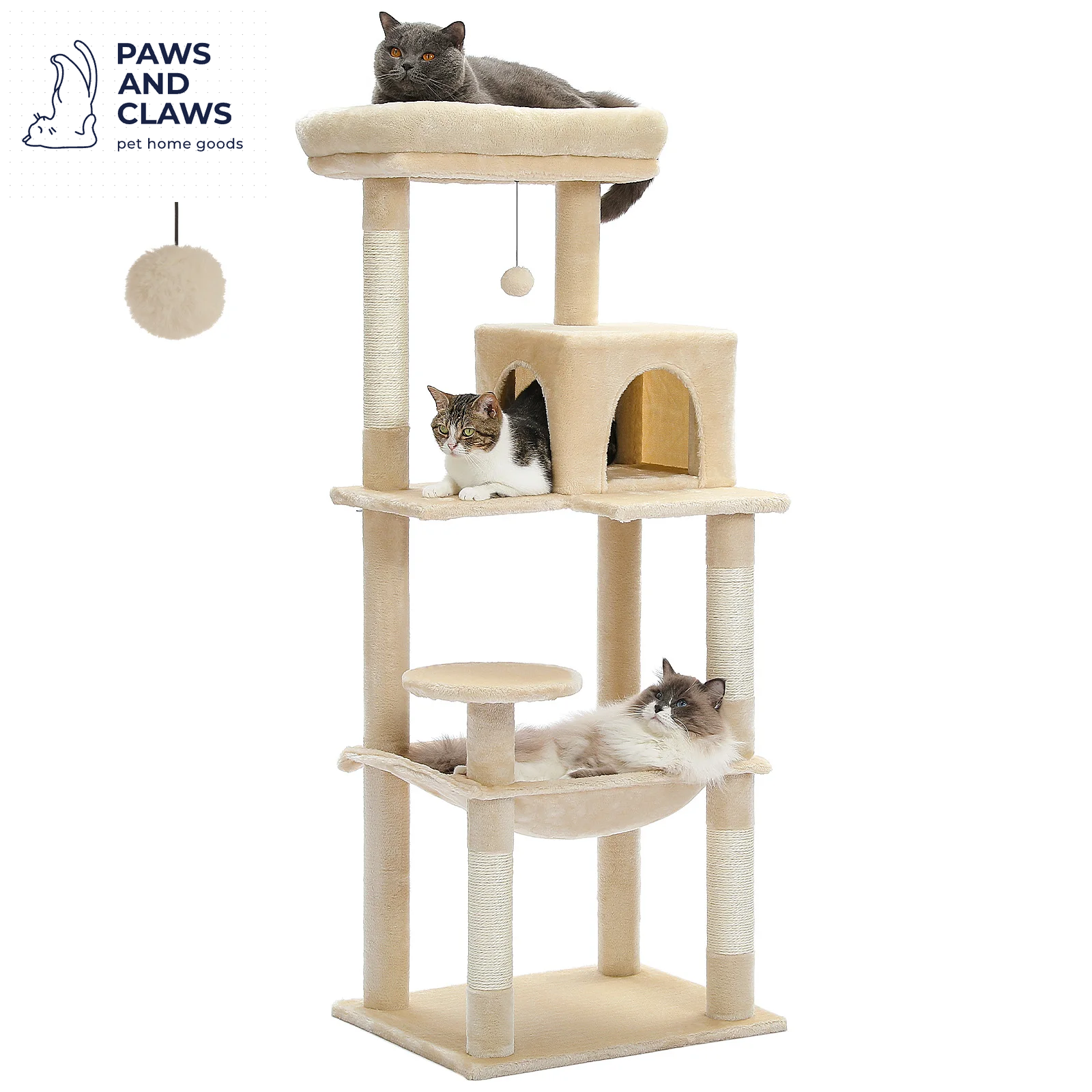 Cat Tree for Indoor Cats 5-Level Cat Tower for Large Cats with Large Hammock Sisal Covered Scratching Posts Cozy Condo Top Perch