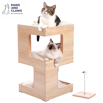 Cat Condo Small Modern Cat Tree for Indoor Cats, 23.6" Wood Cat Furniture, Cat Tower with Free Cat Toy, Scratching Pad and Remov