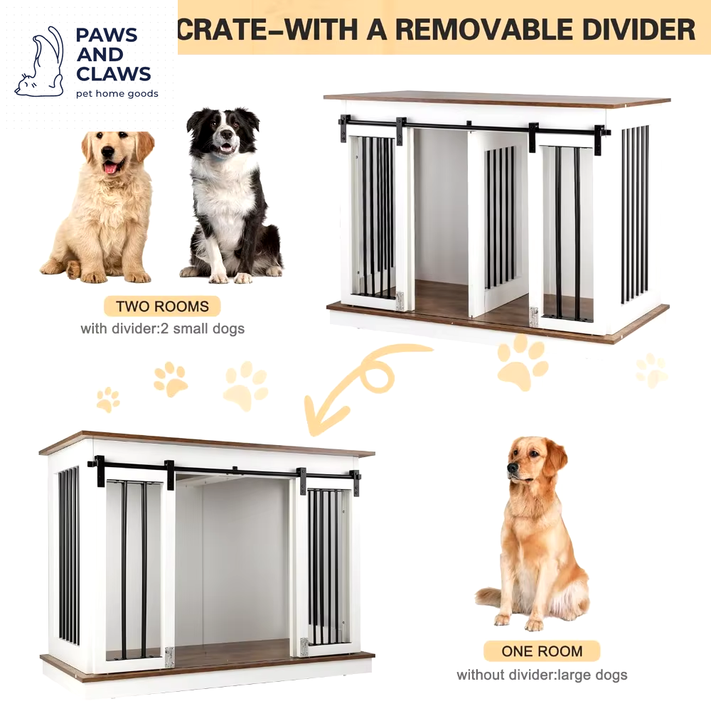 Dog Crate Furniture with Divider Wooden Dog Kennel End Table Large Breed Dog House Indoor for One Large or Two Small Dogs