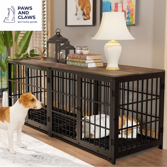 Furniture Style Dog Crate Metal and Wood Pet Kennel End Table with Three Doors and Removable Tray