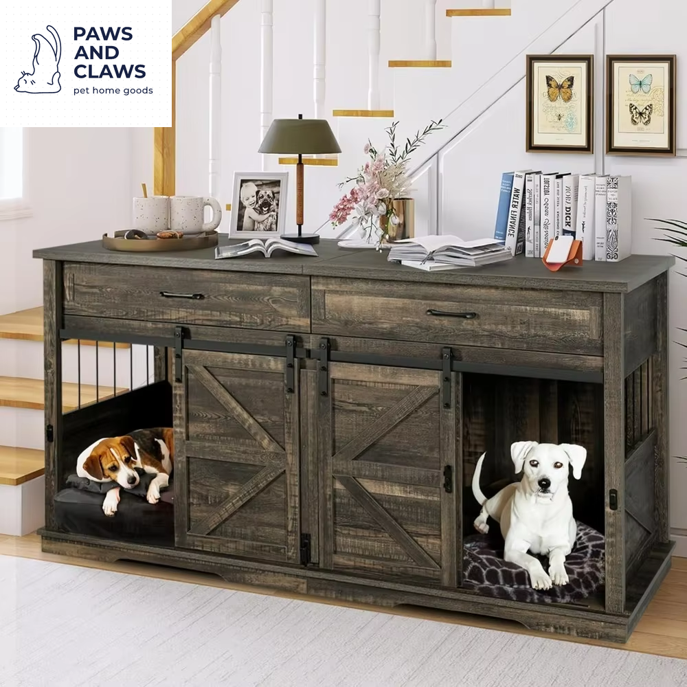 Dog Crate, Double Pet Crate for Large Dog with Divider, Wood Kennel Indoor Cages Kennel Furniture with 2 Drawers, Dog Crate