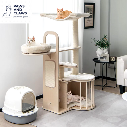 Tangkula Solid Wood Cat Tree, 4-In-1 Building Block Large Cat Tower with Space Capsule Nest, Sisal Scratching Posts,