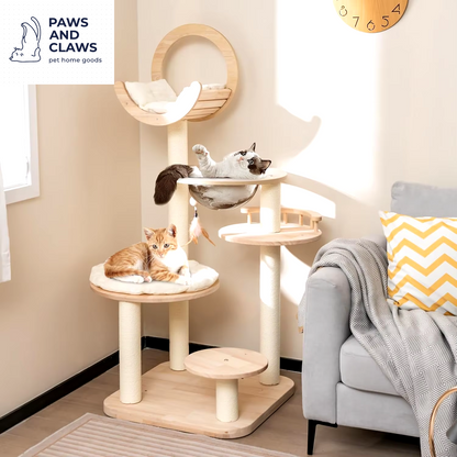 Tangkula Solid Wood Cat Tree, 4-In-1 Building Block Large Cat Tower with Space Capsule Nest, Sisal Scratching Posts,