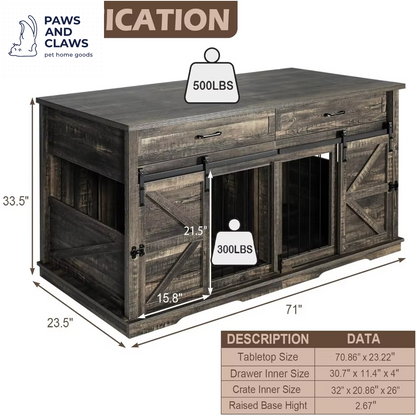 Dog Crate, Double Pet Crate for Large Dog with Divider, Wood Kennel Indoor Cages Kennel Furniture with 2 Drawers, Dog Crate