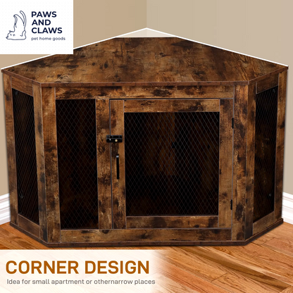 Corner Dog Cage Furniture Lockable Doors Dog Kennel with Wood&Mesh Dog Crate for Small/Medium Dogs Pet Dog House Side End Table