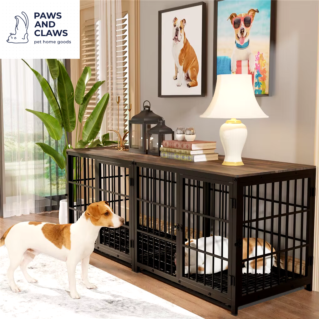 Heavy Duty Dog Kennels Metal Wooden Dog Crate End Table Furniture Style Pet Cage with Three Doors and Removable Tray