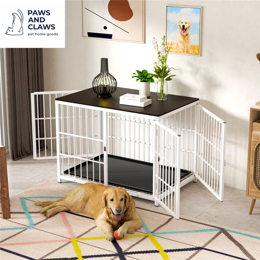 Heavy Duty Dog Kennels Metal Wooden Dog Crate End Table Furniture Style Pet Cage with Three Doors and Removable Tray