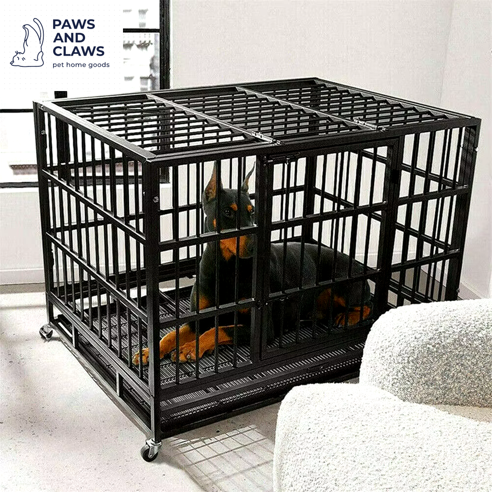 L XL XXL Heavy Duty Dog Crate with 4 Lockable Wheels 3 Doors and Removable Tray Metal Pet Kennels Cage Playpen