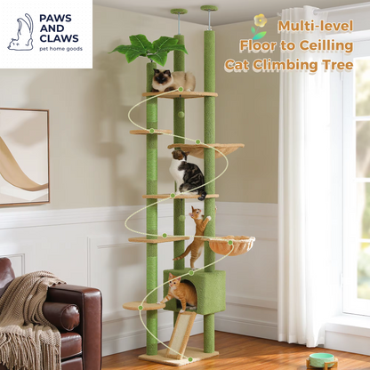 Height 230-252CM Cactus Cat Tree Floor to Ceiling with Green Leaves Tall Tower 7 Tiers Climbing Tree with Cozy Hammocks Condos