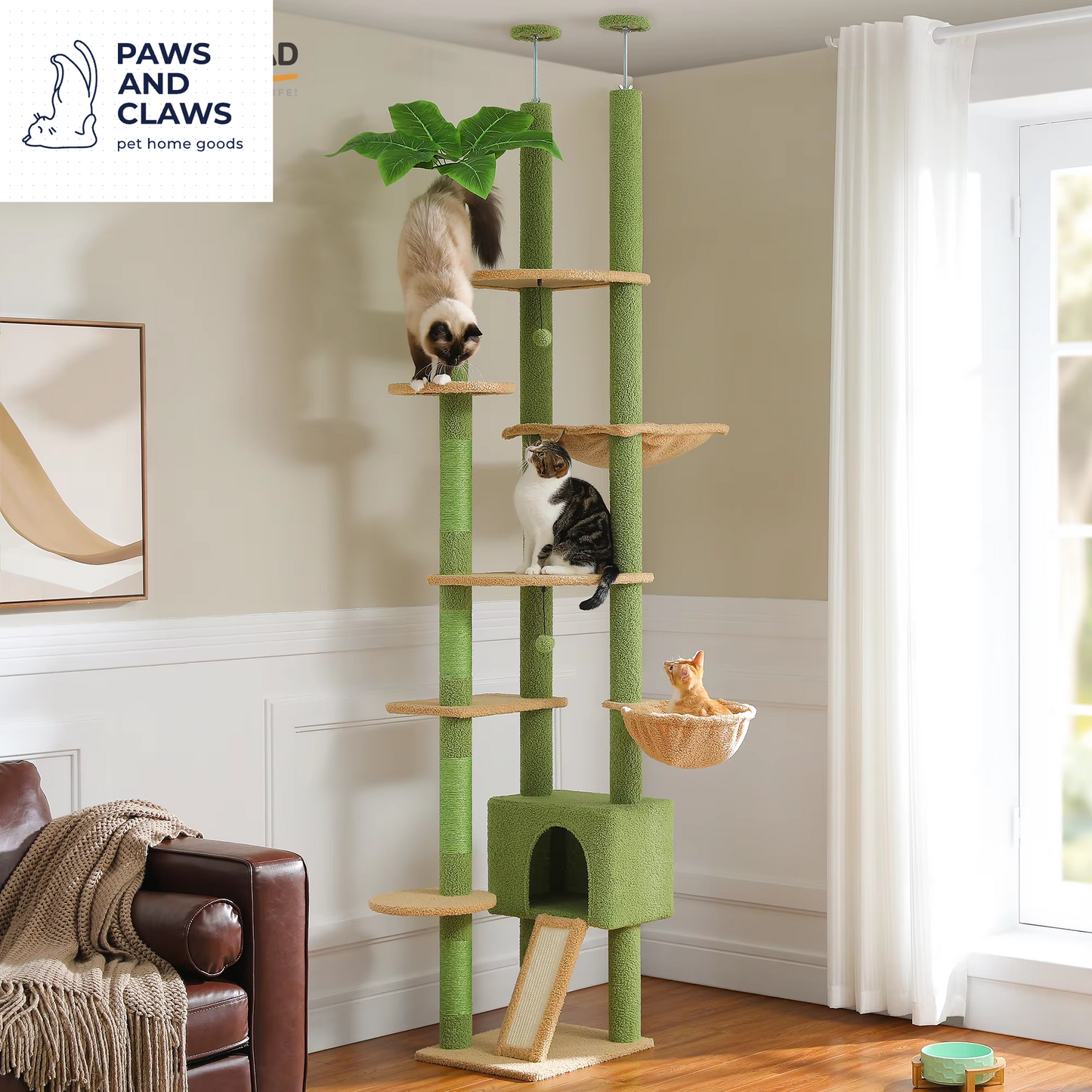 Height 230-252CM Cactus Cat Tree Floor to Ceiling with Green Leaves Tall Tower 7 Tiers Climbing Tree with Cozy Hammocks Condos